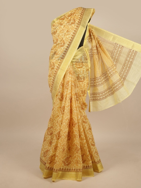 

Pothys Yellow & Gold-Toned Cotton Blend Floral Printed Saree