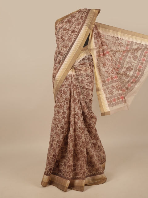 

Pothys Brown & Gold-Toned Cotton Blend Floral Printed Saree