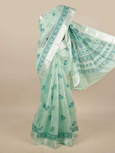 

Pothys Green & Silver-Toned Cotton Blend Floral Printed Saree