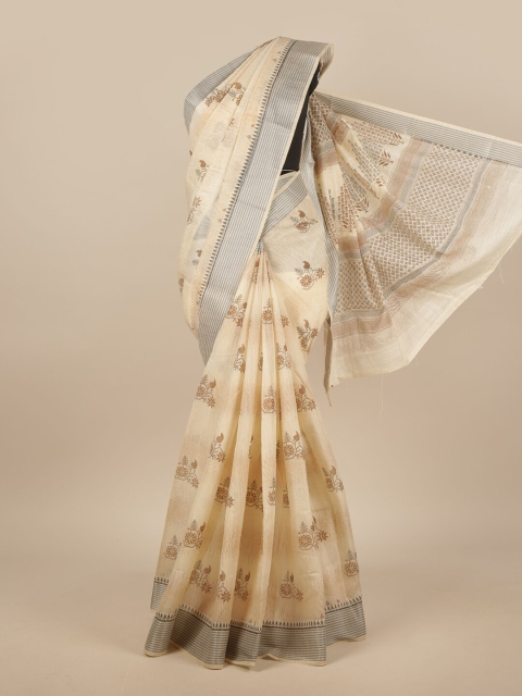 

Pothys Cream-Coloured & Grey Cotton Blend Floral Printed Saree