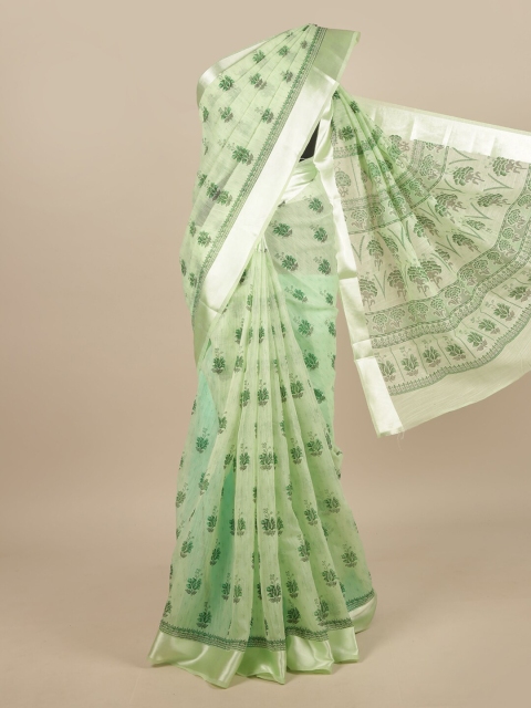 

Pothys Green & Silver-Toned Cotton Blend Floral Printed Saree