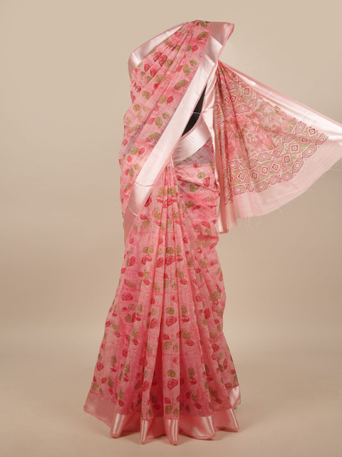 

Pothys Pink & Silver-Toned Cotton Blend Floral Printed Saree