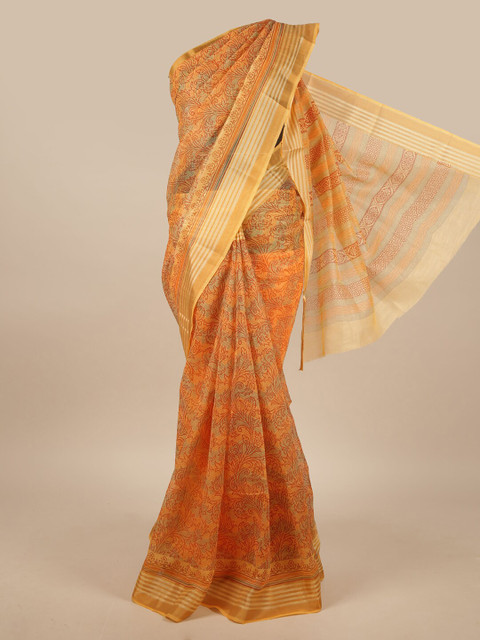 

Pothys Orange & Gold-Toned Cotton Blend Floral Printed Saree