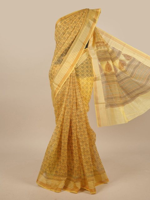 

Pothys Yellow Cotton Blend Floral Printed Saree