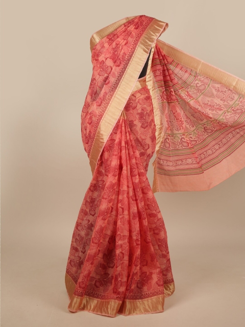 

Pothys Peach-Coloured & Gold-Toned Cotton Blend Floral Printed Saree