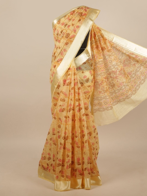 

Pothys Yellow & Silver-Toned Cotton Blend Floral Printed Saree