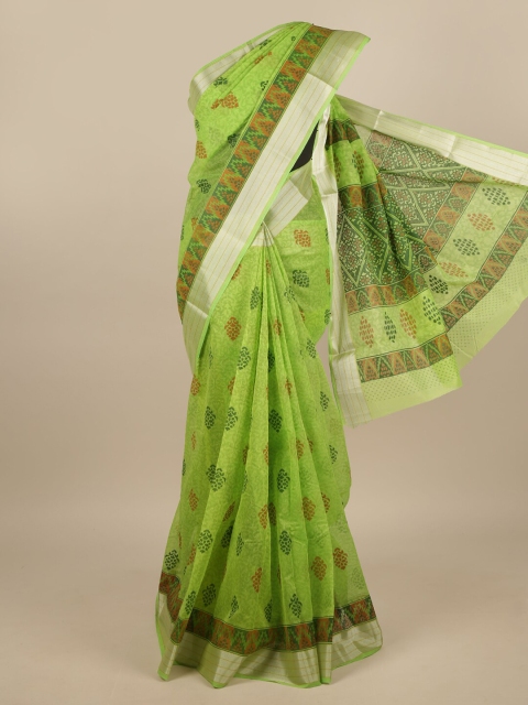 

Pothys Green & Silver-Toned Cotton Blend Ethnic Motifs Printed Saree