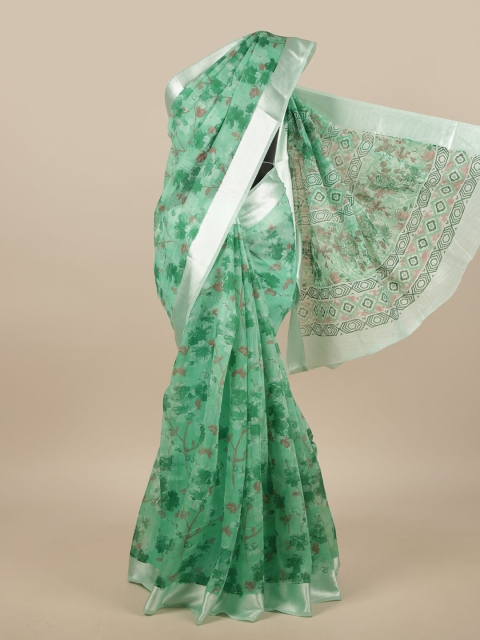 

Pothys Green & Silver-Toned Cotton Blend Floral Printed Saree