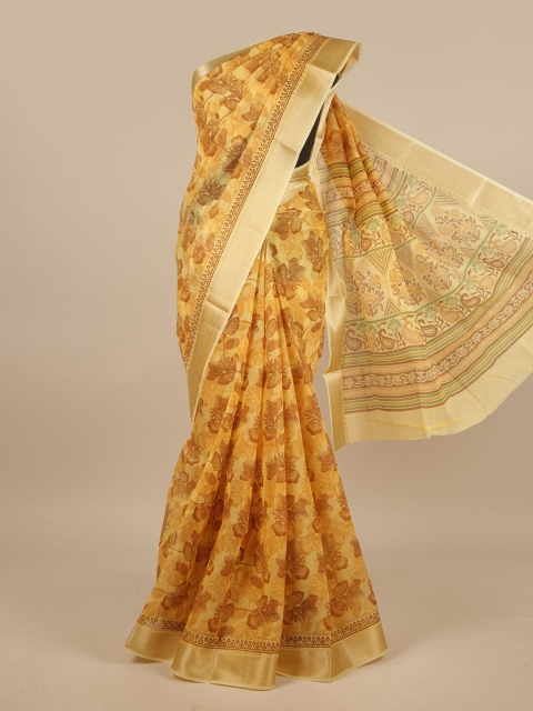 

Pothys Yellow & Gold-Toned Cotton Blend Floral Printed Saree