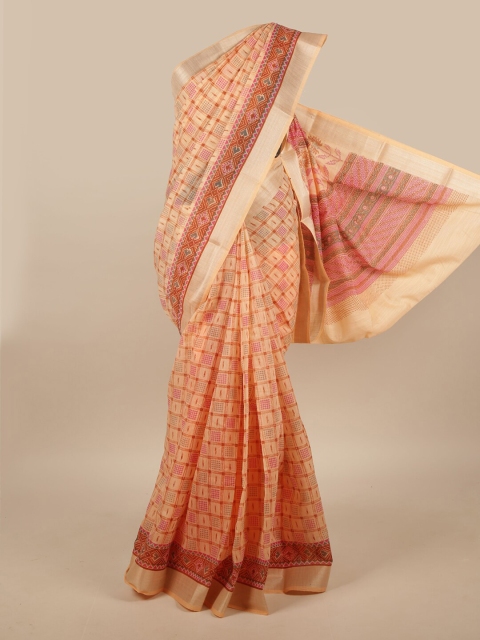 

Pothys Peach-coloured & Silver-Toned Cotton Blend Geometric Printed Saree