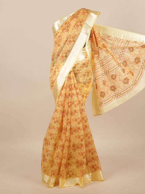 

Pothys Yellow & Silver-Toned Cotton Blend Floral Printed Saree