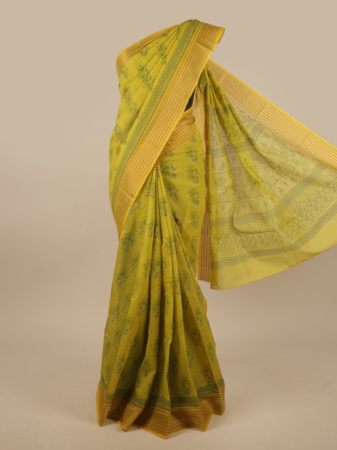

Pothys Green & Gold-Toned Cotton Blend Floral Printed Saree