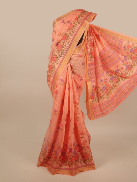 

Pothys Pink & Gold-Toned Cotton Blend Floral Printed Saree, Orange