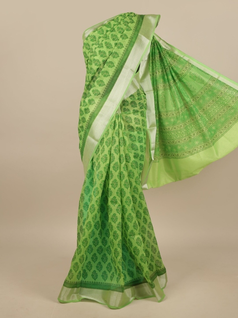 

Pothys Green & Silver-Toned Cotton Blend Floral Printed Saree