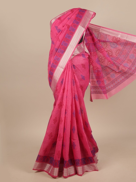 

Pothys Pink & Silver-Toned Cotton Blend Floral Printed Saree