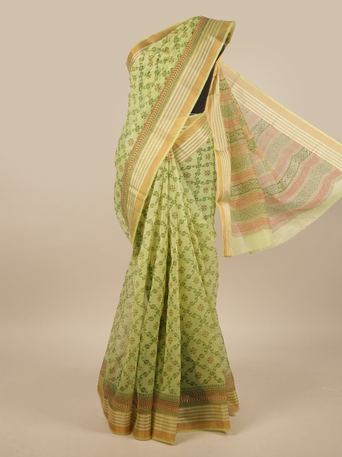 

Pothys Green & Gold-Toned Cotton Blend Floral Printed Saree