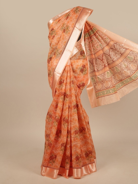 

Pothys Orange & Silver-Toned Cotton Blend Floral Printed Saree
