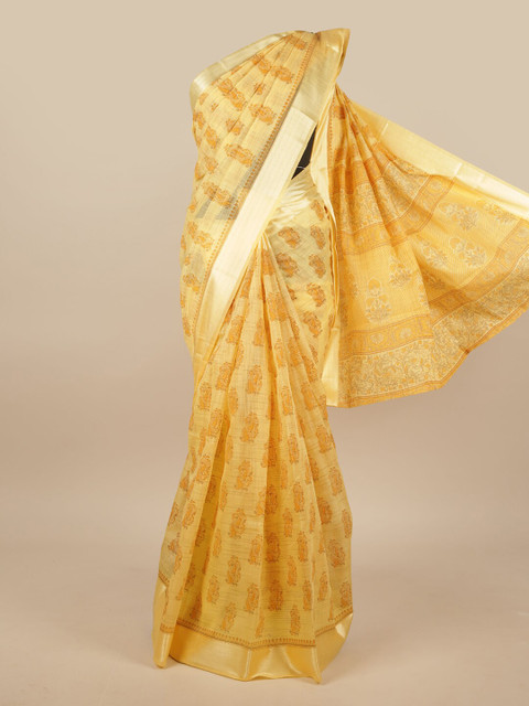 

Pothys Yellow & Silver-Toned Cotton Blend Paisley Printed Saree