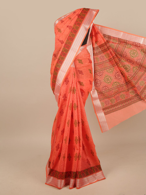 

Pothys Orange & Silver-Toned Cotton Blend Ethnic Motifs Printed Saree