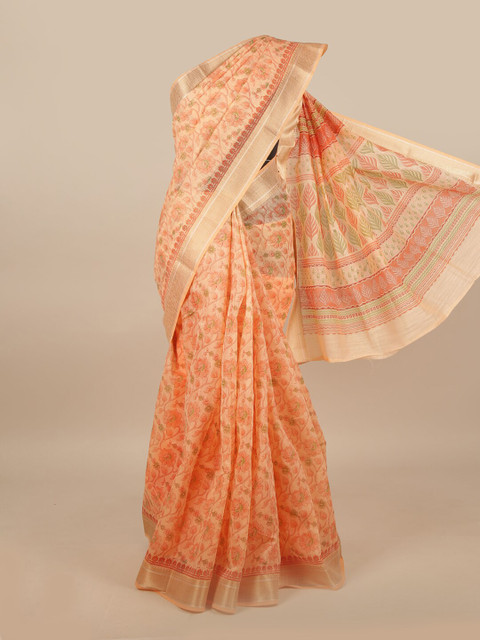 

Pothys Peach-Coloured & Gold-Toned Cotton Blend Floral Printed Saree