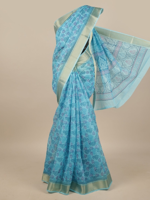 

Pothys Blue & Gold-Toned Cotton Blend Floral Printed Saree