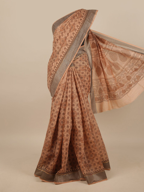 

Pothys Brown & Grey Cotton Blend Floral Printed Saree