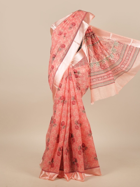 

Pothys Pink & Silver-Toned Cotton Blend Floral Printed Saree