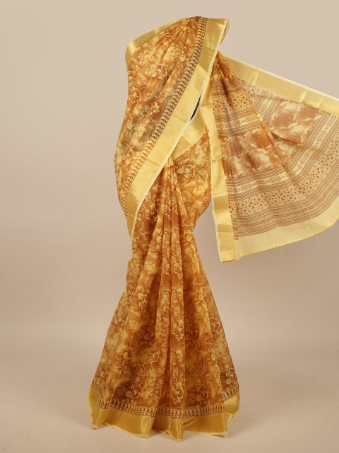 

Pothys Yellow & Gold-Toned Cotton Blend Floral Printed Saree