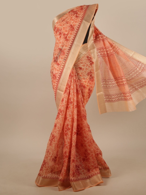 

Pothys Peach-Coloured & Gold-Toned Cotton Blend Floral Printed Saree