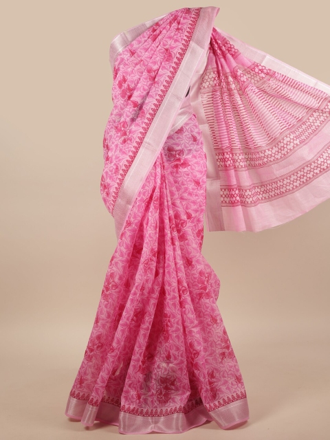 

Pothys Pink & Silver-Toned Cotton Blend Floral Printed Saree
