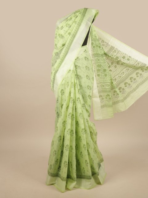 

Pothys Green & Silver-Toned Cotton Blend Floral Printed Saree