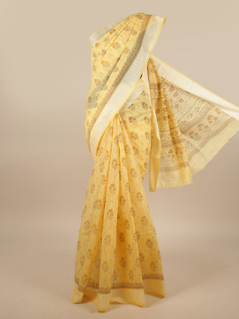 

Pothys Yellow & Silver-Toned Cotton Blend Floral Printed Saree