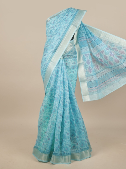 

Pothys Blue & Silver-Toned Cotton Blend Floral Printed Saree