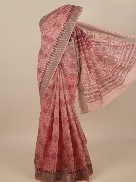 

Pothys Pink & Grey Cotton Blend Floral Printed Saree