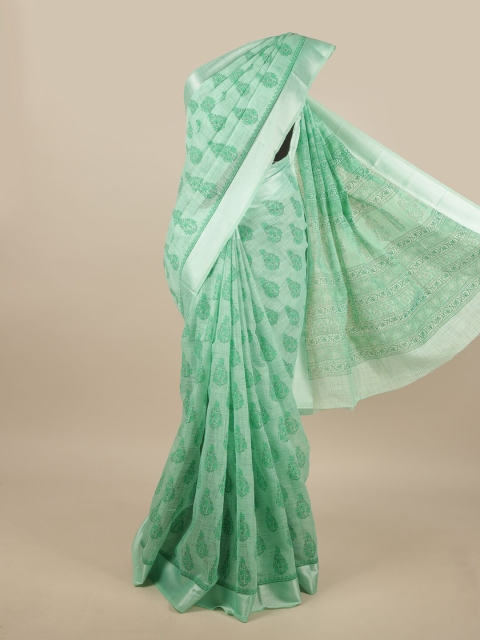 

Pothys Green & Silver-Toned Cotton Blend Floral Printed Saree