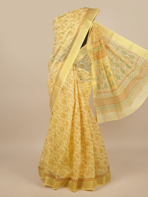 

Pothys Yellow & Gold-Toned Cotton Blend Floral Printed Saree
