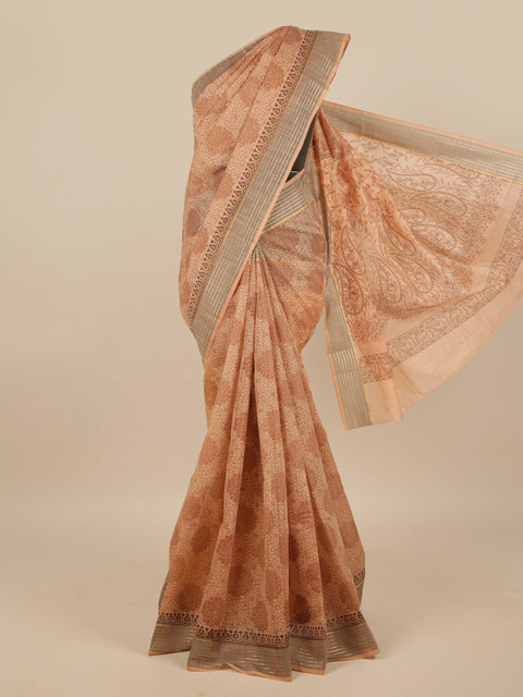 

Pothys Brown & Grey Cotton Blend Floral Printed Saree