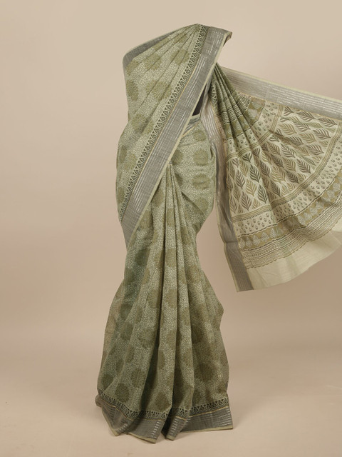 

Pothys Green Cotton Blend Floral Printed Saree
