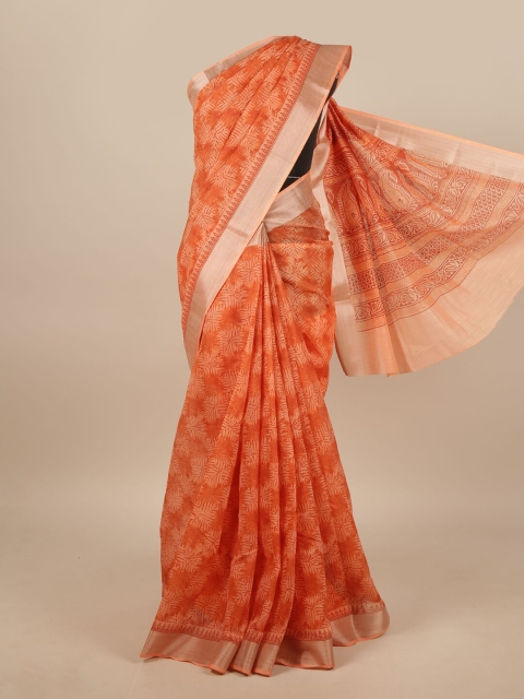 

Pothys Orange & Silver-Toned Cotton Blend Geometric Printed Saree