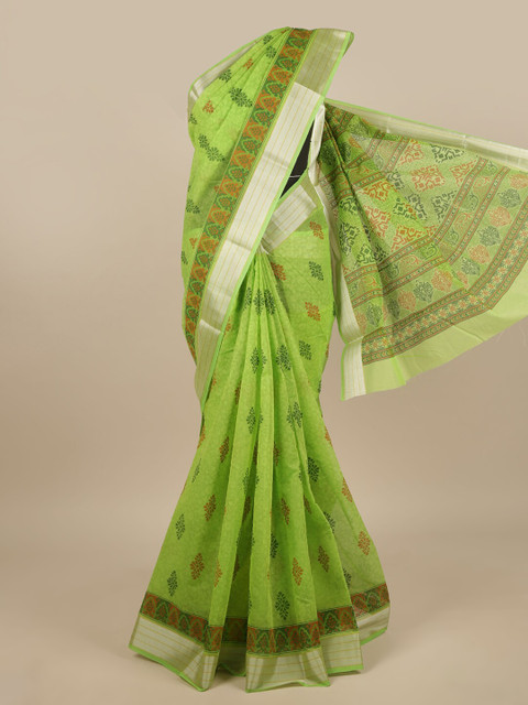 

Pothys Green & Silver-Toned Cotton Blend Ethnic Motifs Printed Saree