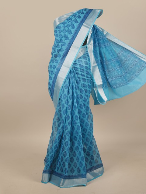 

Pothys Blue & Silver-Toned Cotton Blend Floral Printed Saree