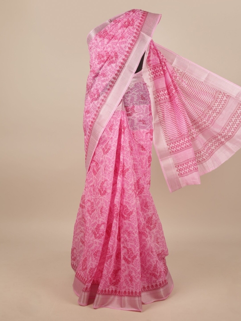 

Pothys Pink & Silver-Toned Cotton Blend Floral Printed Saree