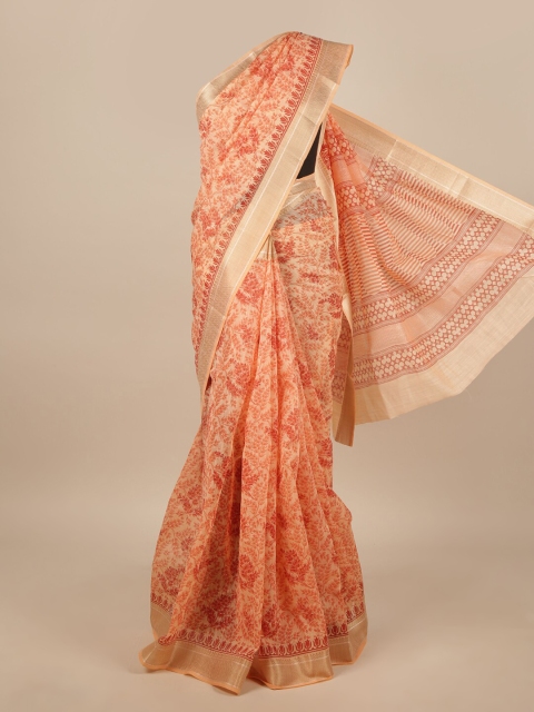 

Pothys Orange & Gold-Toned Cotton Blend Floral Printed Saree