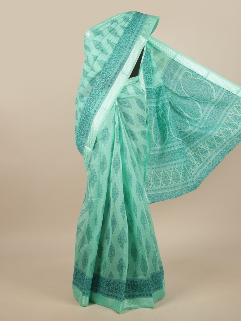 

Pothys Green & Silver-Toned Cotton Blend Ethnic Motifs Printed Saree, Sea green