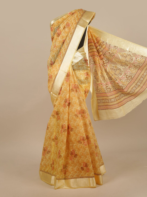 

Pothys Yellow & Silver-Toned Cotton Blend Floral Printed Saree