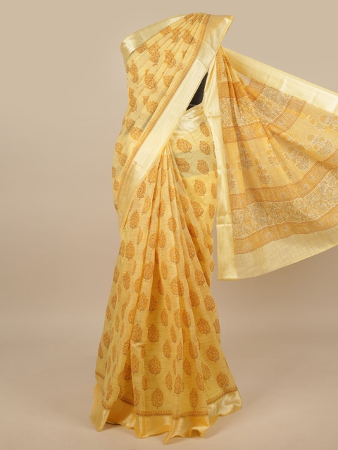 

Pothys Yellow & Silver-Toned Cotton Blend Floral Printed Saree