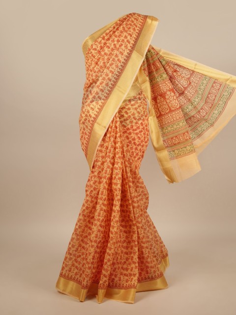 

Pothys Peach-Coloured & Gold-Toned Cotton Blend Floral Printed Saree