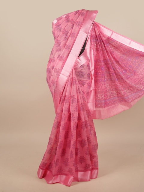 

Pothys Pink & Silver-Toned Cotton Blend Floral Printed Saree