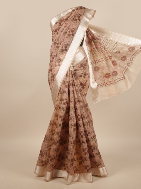 

Pothys Brown & Silver-Toned Cotton Blend Floral Printed Saree