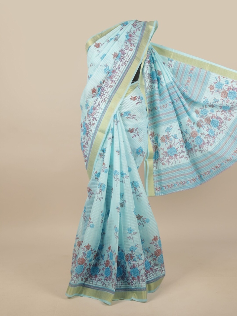 

Pothys Blue & Gold-Toned Cotton Blend Floral Printed Saree